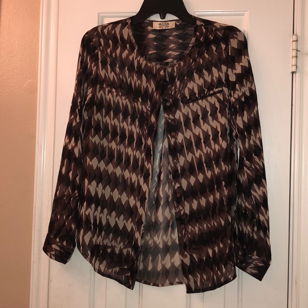 Patterned Long Sleeve Button Up Blouse